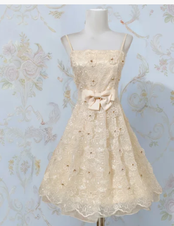 Vintage Spaghetti Strap A-Line Tulle Embroidery Appliqué Short Prom Dresses, Apricot Homecoming Dresses ED04035