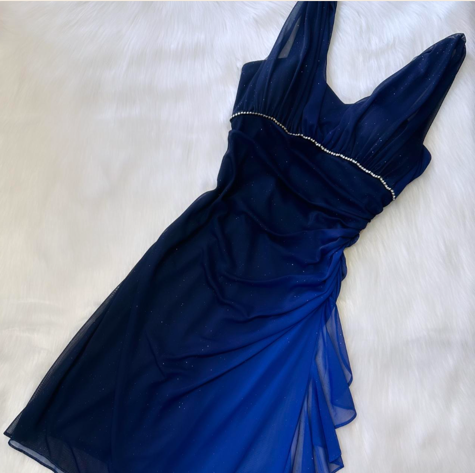 Vintage Sparkly V-neck Sheath Chiffon Homecoming Dresses, Navy Blue Short Prom Dress ED04051