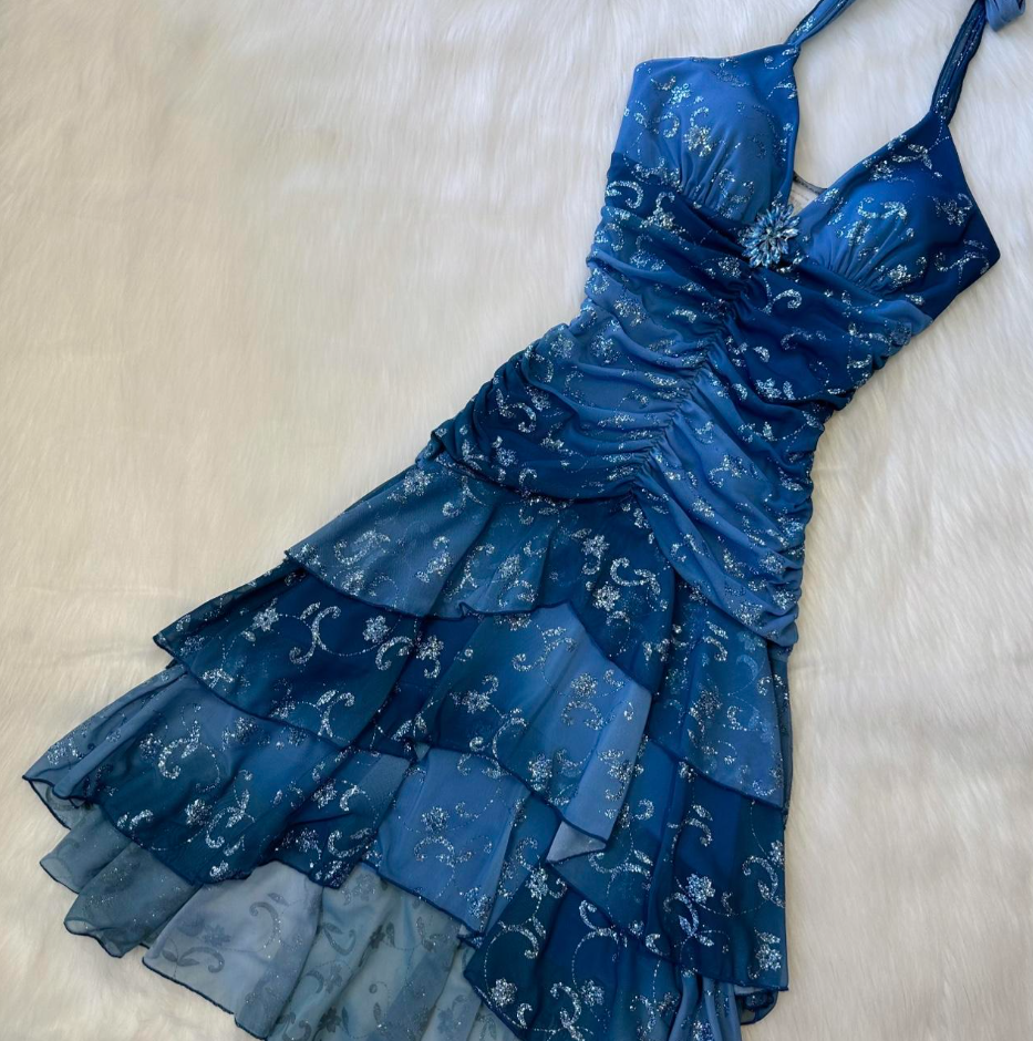 Vintage V-neck A-Line Chiffon Homecoming Dresses, Short Blue Fairy Prom Dresses ED04059