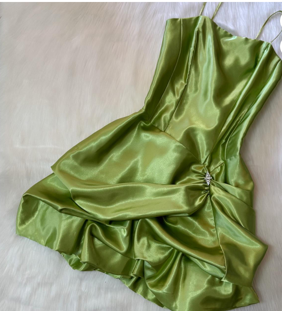 Vintage Spaghetti Strap Ball Gown Satin Homecoming Dresses, Green Fairy Short Prom Dresses ED04060
