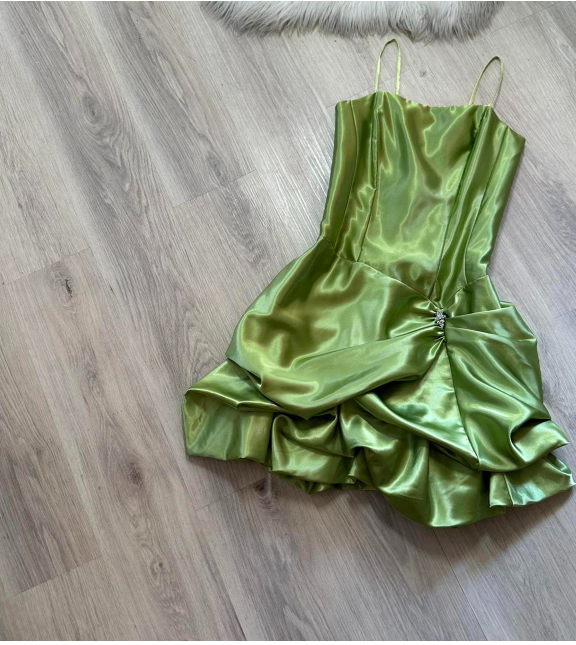 Vintage Spaghetti Strap Ball Gown Satin Homecoming Dresses, Green Fairy Short Prom Dresses ED04060
