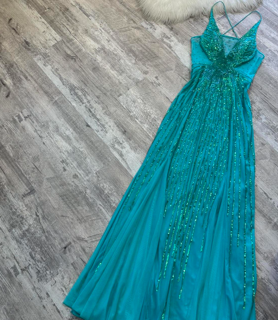 Vintage Turquoise Empire Dress Sparkly Chiffon Sequins V-Neck Long Prom Dresses ED04064