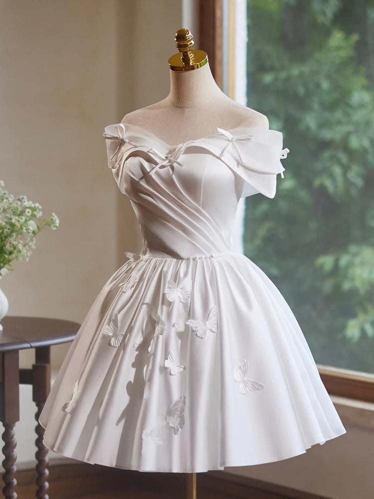 A-Linie Off Shoulder Satin Weißes Kurzes Ballkleid, Weißes Homecoming-Kleid ED041