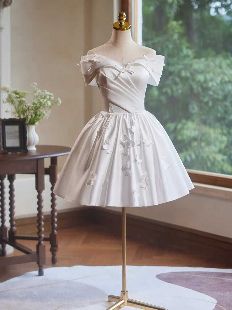 A-Linie Off Shoulder Satin Weißes Kurzes Ballkleid, Weißes Homecoming-Kleid ED041