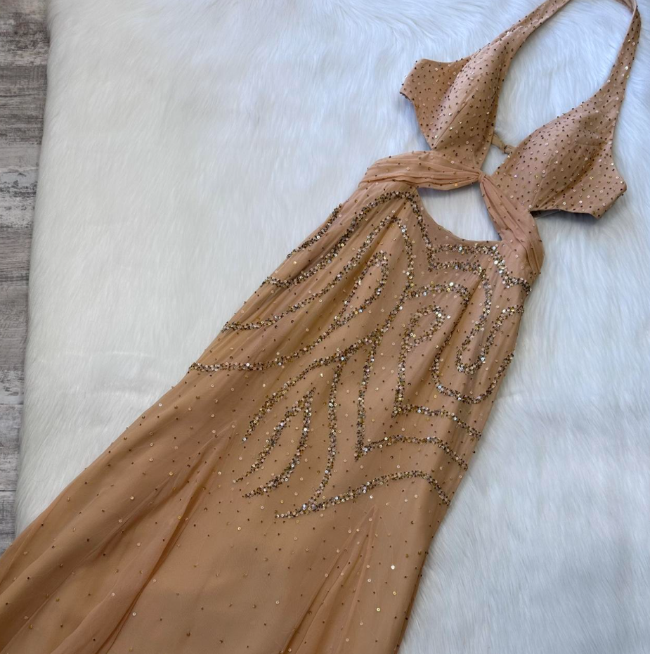 Vintage Halter Sheath Chiffon Sequin Long Prom Dress Backless Champagne Formal Evening Dress ED04141