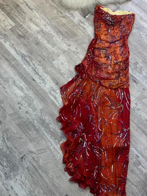 Vintage Strapless Sheath Chiffon Sequined Long Prom Dresses, Red Formal Evening Dresses ED04144