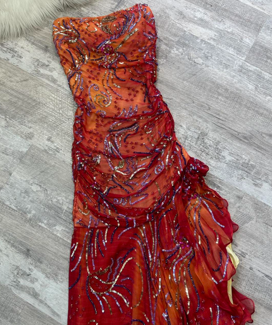 Vintage Strapless Sheath Chiffon Sequined Long Prom Dresses, Red Formal Evening Dresses