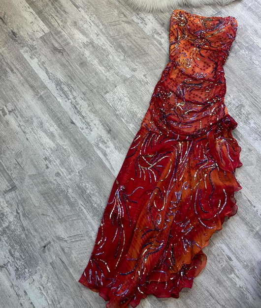 Vintage Strapless Sheath Chiffon Sequined Long Prom Dresses, Red Forma EvaFashionDress Vintage Strapless Sheath Chiffon Sequined Long Prom Dresses, Red Forma EvaFashionDress