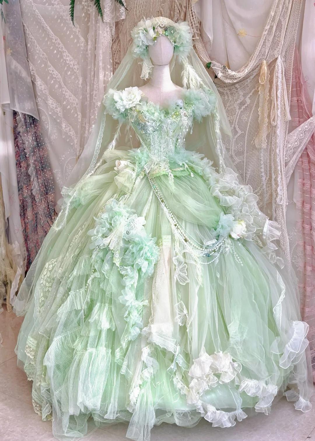 Fairy V-neck Ball Gown Tulle Applique Long Prom Dresses Green Sweet 16 EvaFashionDress Fairy V-neck Ball Gown Tulle Applique Long Prom Dresses Green Sweet 16 EvaFashionDress