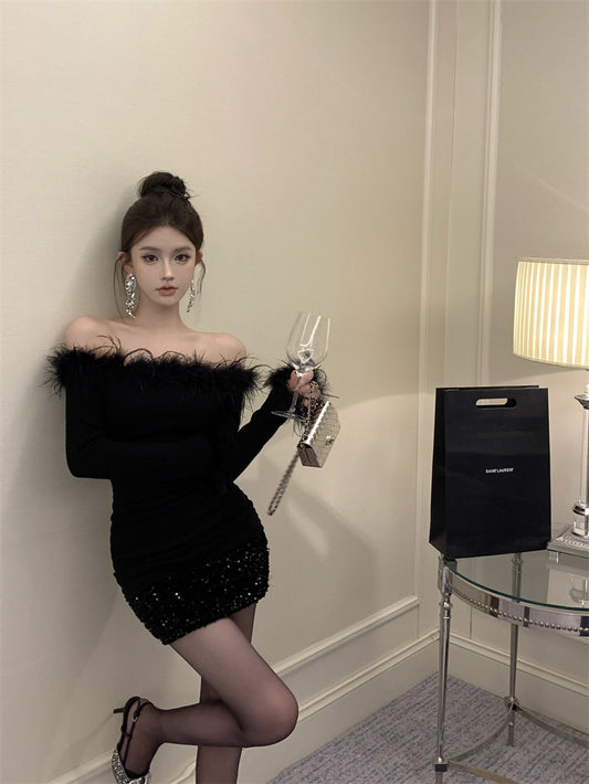 Furry patchwork one-shoulder waisted hip skirt ED0414