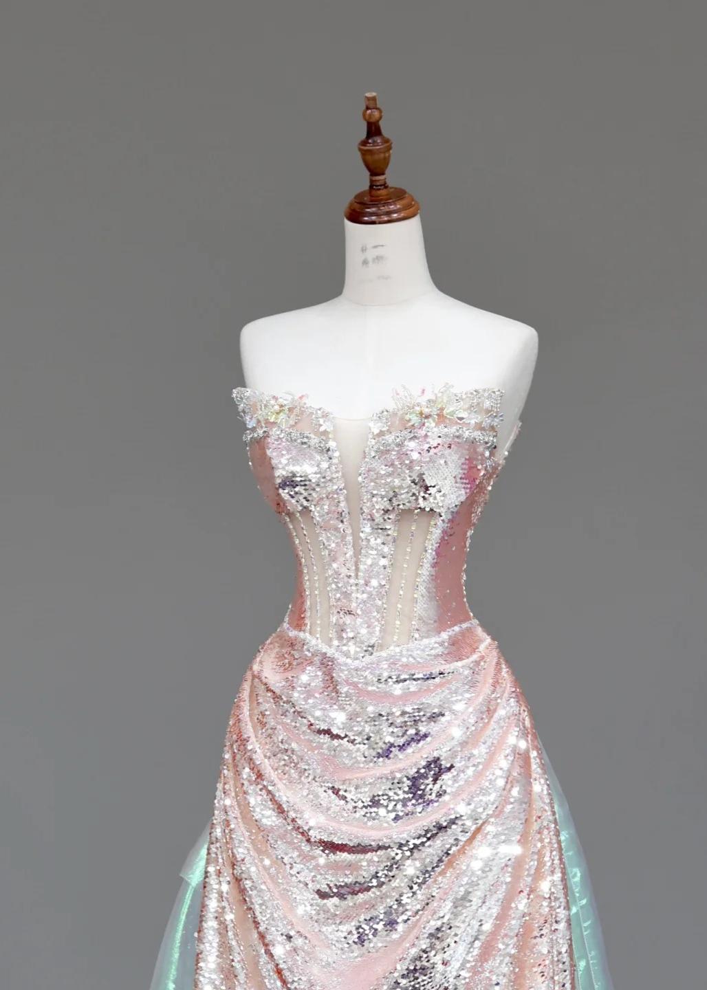 Elegant Strapless Sheath Sequined Long Prom Dresses Pink Sweet 16 Dress ED04152