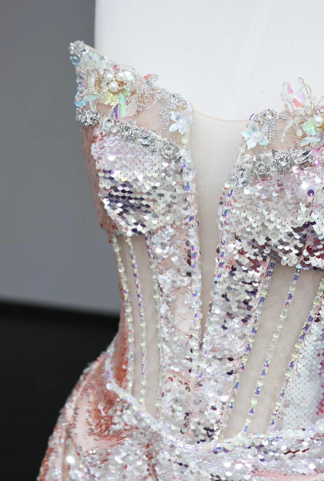 Elegant Strapless Sheath Sequined Long Prom Dresses Pink Sweet 16 Dress ED04152