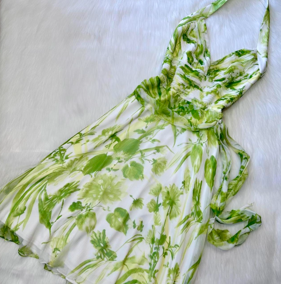 Vintage Green Halter Birthday Dresses Floral Chiffon Homecoming Dresses A-Line Short Prom Dresses ED04177