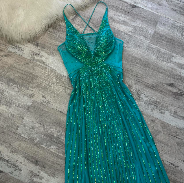 Vintage Sheath Long Prom Dresses, V-Neck Chiffon Beaded Guest Dresses, Turquoise Formal Evening Dresses ED04185