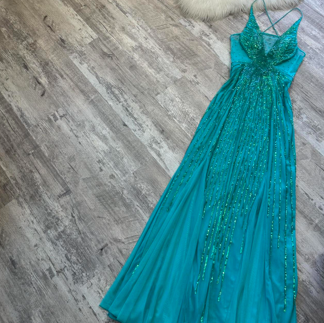 Vintage Sheath Long Prom Dresses, V-Neck Chiffon Beaded Guest Dresses, Turquoise Formal Evening Dresses ED04185
