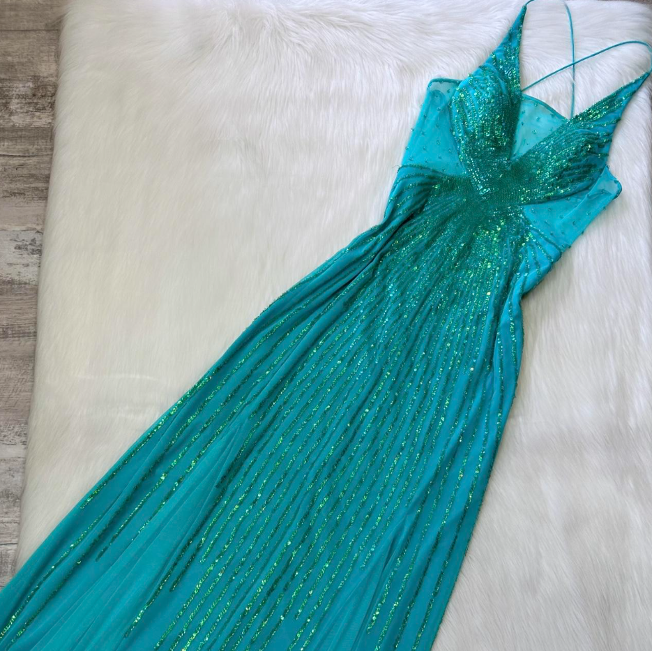 Vintage Sheath Long Prom Dresses, V-Neck Chiffon Beaded Guest Dresses, Turquoise Formal Evening Dresses ED04185