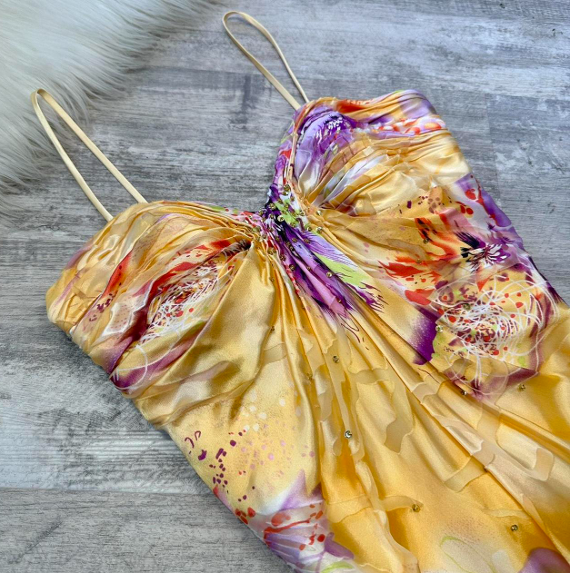 Glam Spaghetti Strap Sheath Long Prom Dresses, Floral Silk Guest Dresses, Yellow Formal Evening Dresses ED04188