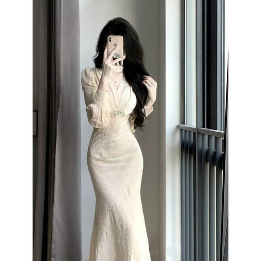 New Chinese retro long-sleeved v-neck slim dress ED0418