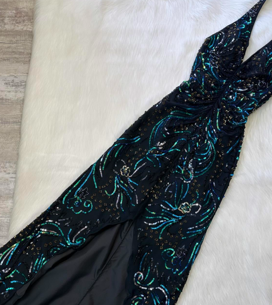 Vintage Halter Sheath Long Prom Dresses, Black Sequin Formal Evening Dresses ED04197