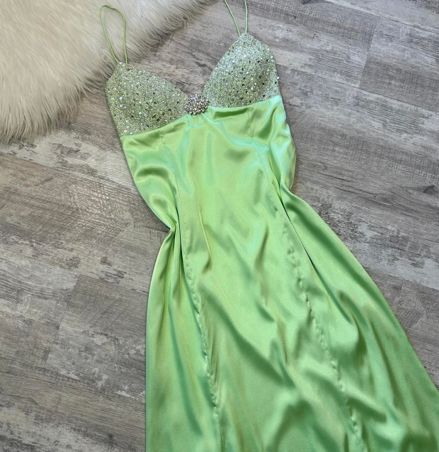 Vintage Spaghetti Strap Sheath Beaded Long Prom Dresses, Green Formal Evening Dresses ED04198