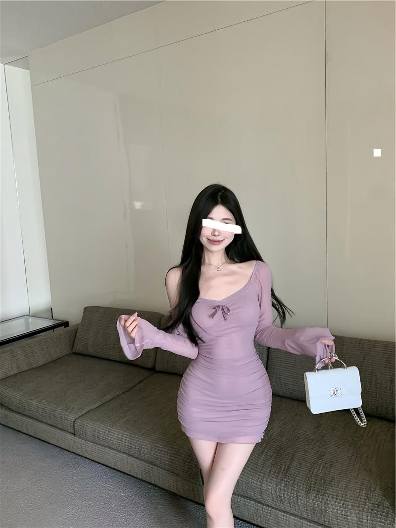 Lila sexy hot girl stil mesh langen ärmeln U-ausschnitt off-schulter hüfte rock ED0419