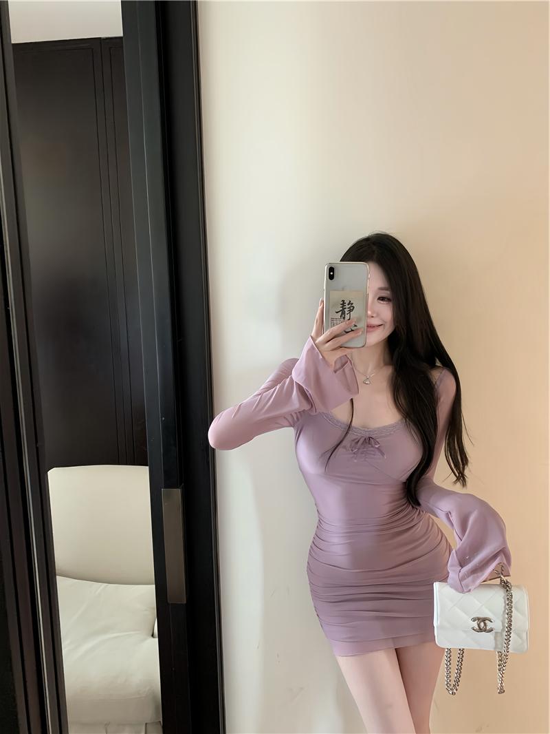 Lila sexy hot girl stil mesh langen ärmeln U-ausschnitt off-schulter hüfte rock ED0419