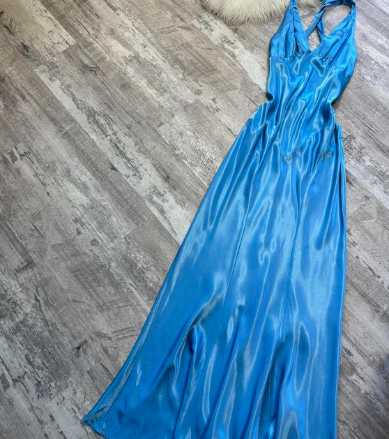 Vintage V-neck Sheath Satin Long Prom Dresses, Backelsss Blue Formal Evening Dresses ED04200