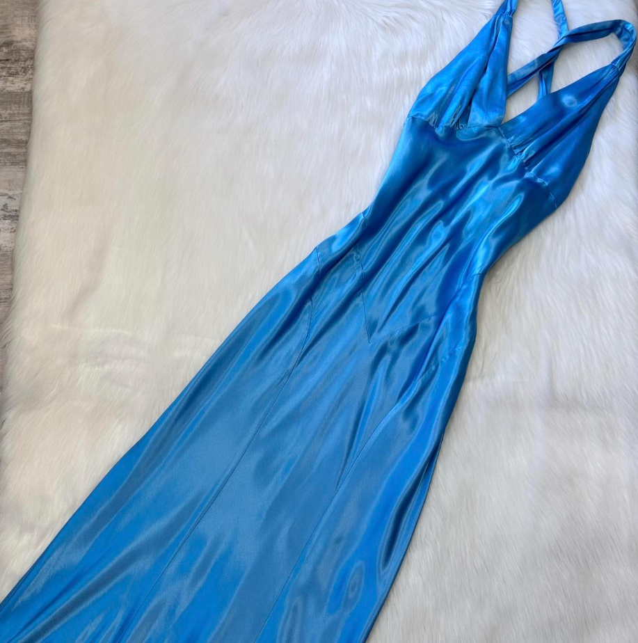 Vintage V-neck Sheath Satin Long Prom Dresses, Backelsss Blue Formal Evening Dresses ED04200