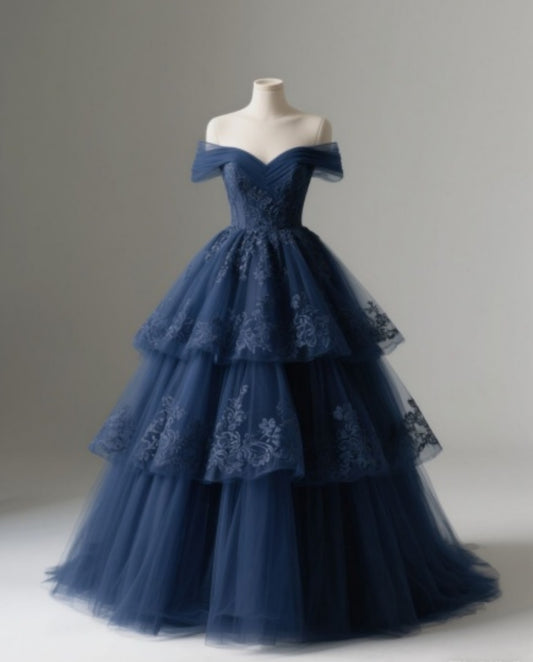 Classy Off-the-shoulder A-Line Tulle Applique Long Prom Dresses, Navy Blue Formal Evening Dresses ED04201