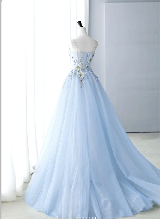 Classy Spaghetti-strap A-Line Tulle Appliquéd Long Prom Dresses, Pale Blue Formal Evening Dresses ED04202