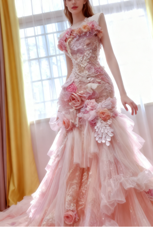 Fairy Halter Mermaid Tulle Applique Long Prom Dresses, Pink Formal Evening Dresses ED04209