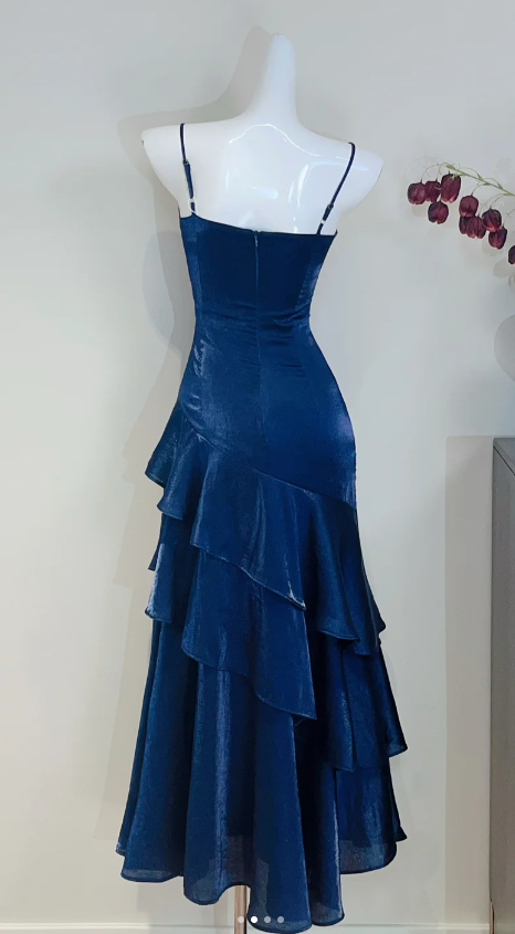 Sweet Spaghetti Strap Sheath Tulle Birthday Dresses, Navy Blue Formal Evening Dresses ED04212