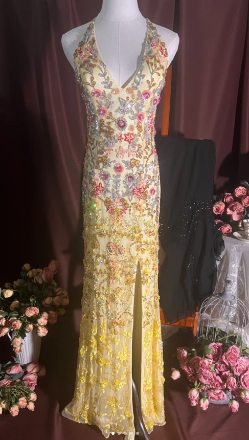 Vintage V-neck Sheath Chiffon Sequin Long Prom Dresses Yellow Backless Formal Evening Dresses ED04213