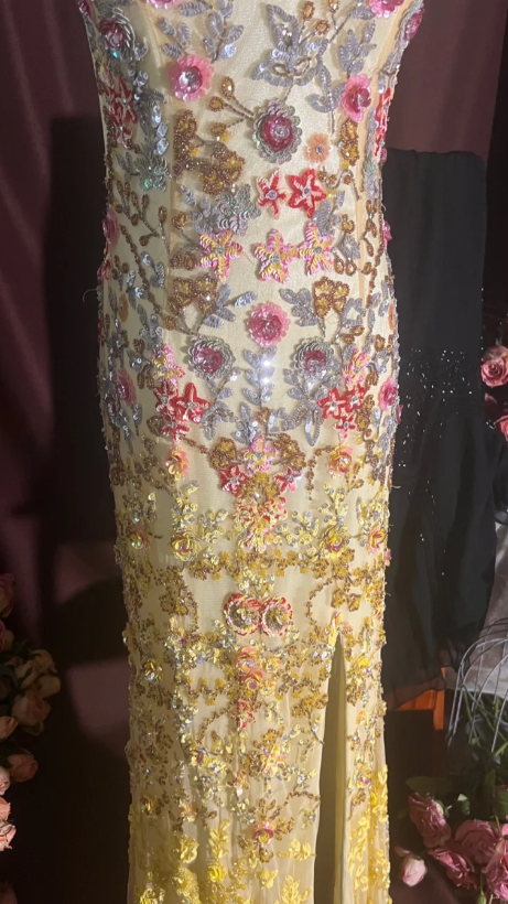 Vintage V-neck Sheath Chiffon Sequin Long Prom Dresses Yellow Backless Formal Evening Dresses ED04213