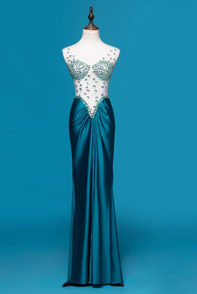 Vintage V-neck Sheath Satin Beaded Long Prom Dresses Blue Formal Evening Dresses ED04215