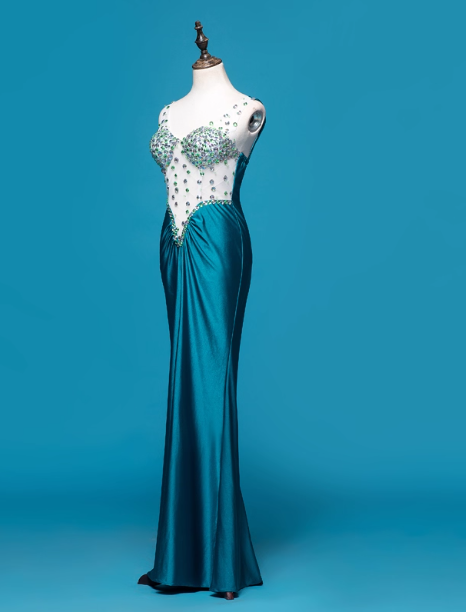 Vintage V-neck Sheath Satin Beaded Long Prom Dresses Blue Formal Evening Dresses ED04215