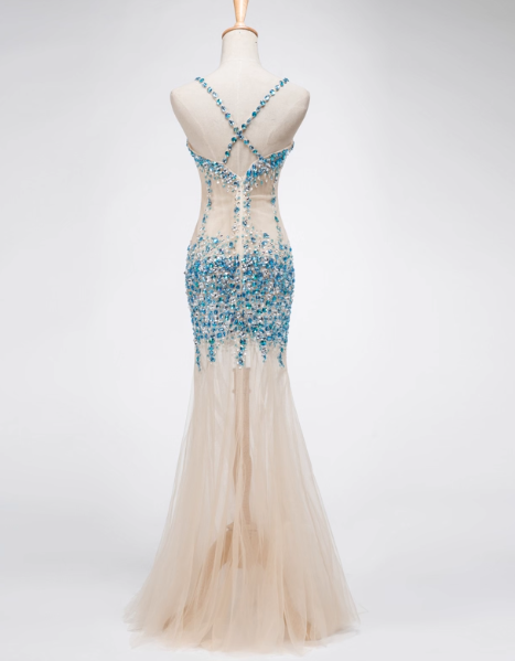 Vintage Spaghetti Strap Mermaid Tulle Beaded Long Prom Dresses, Backless Formal Evening Dresses ED04216