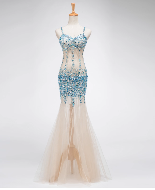 Vintage Spaghetti Strap Mermaid Tulle Beaded Long Prom Dresses, Backless Formal Evening Dresses ED04216