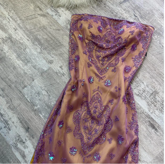 Vintage Strapless Sheath Chiffon Beaded Long Prom Dresses, Purple Formal Evening Dresses ED04218