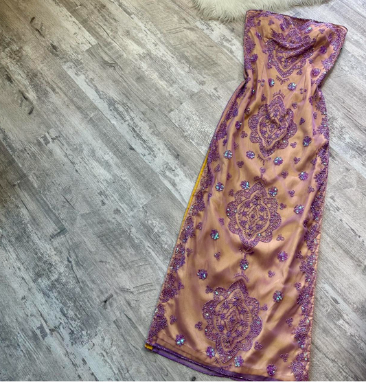 Vintage Strapless Sheath Chiffon Beaded Long Prom Dresses, Purple Formal Evening Dresses ED04218