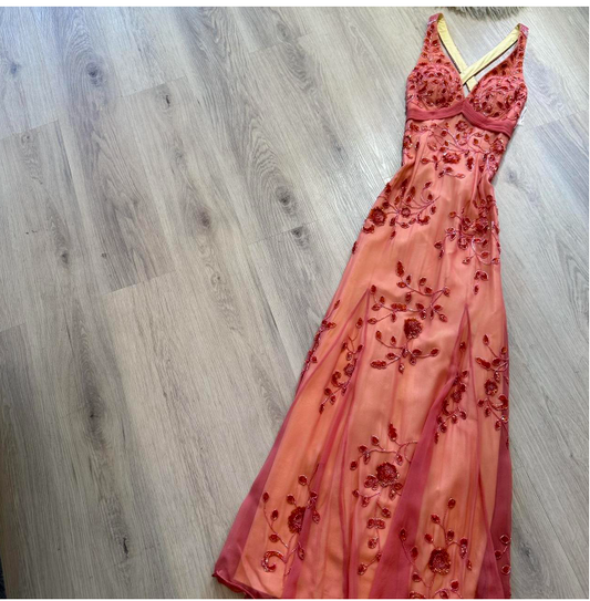 Vintage V-neck Sheath Chiffon Beaded Long Prom Dresses, Red Formal Evening Dresses ED04220