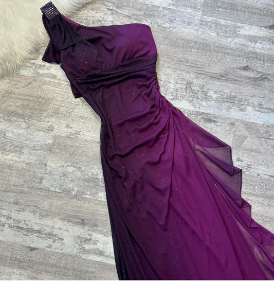 Glam One Shoulder Sheath Chiffon Wedding Guest Dresses Grape Formal Evening Dresses ED04225