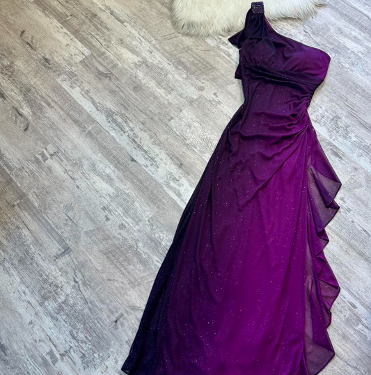 Glam One Shoulder Sheath Chiffon Wedding Guest Dresses Grape Formal Evening Dresses ED04225