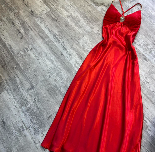 Glam V-neck Sheath Satin Wedding Guest Dresses Red Formal Evening Dresses ED04226