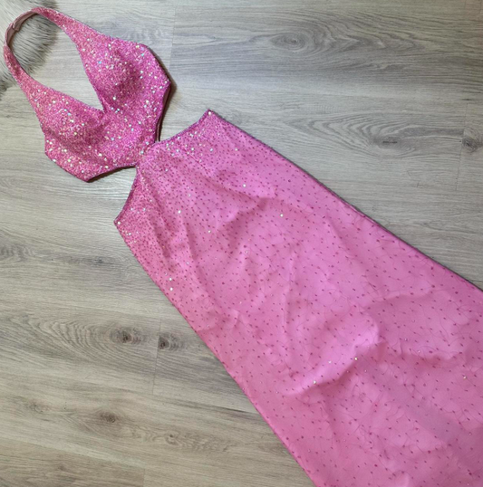 Glam Halter Sheath Beaded Sequin Wedding Guest Dresses Pink Formal Evening Dresses ED04227