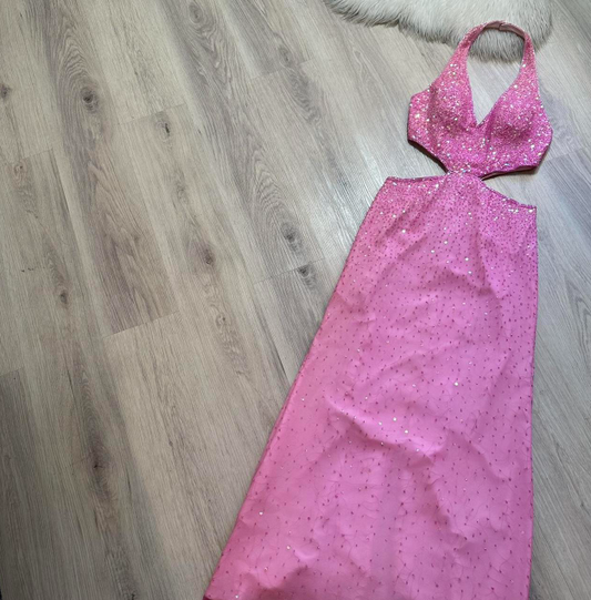 Glam Halter Sheath Beaded Sequin Wedding Guest Dresses Pink Formal Evening Dresses ED04227