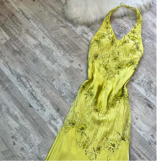 Glam Halter Sheath Satin Lace Beaded Wedding Guest Dresses Yellow Formal Evening Dresses ED04228