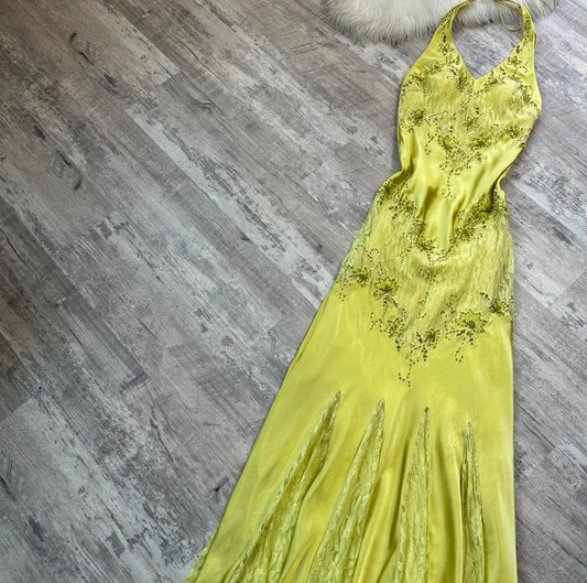 Glam Halter Sheath Satin Lace Beaded Wedding Guest Dresses Yellow Formal Evening Dresses ED04228