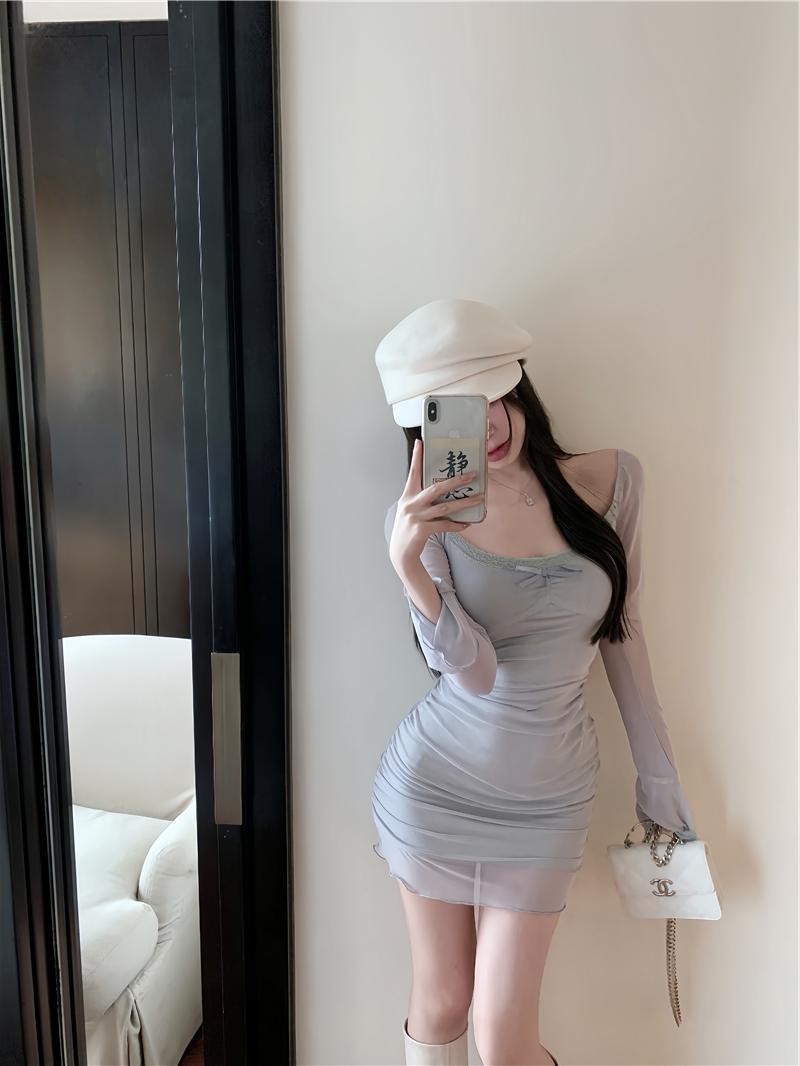 Grau blau sexy hot girl stil mesh langen ärmeln U-neck off-schulter hüfte rock ED0422