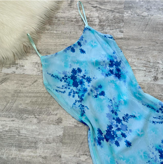 Vintage Spaghetti Strap Sheath Floral Chiffon Short Prom Dresses, Blue Homecoming Dresses  ED04233